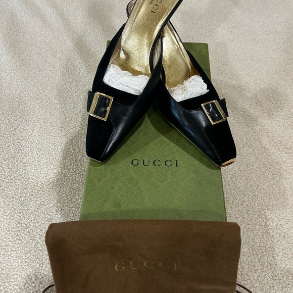 Authentic Gucci Suede and Leather Kitten Heel Mules Size 9.5 - Picture 7 of 10